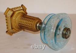 Antique Thousand Eye Lamp Amber Base, Blue Font Oil Lamp For #2 Burner