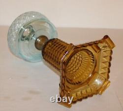 Antique Thousand Eye Lamp Amber Base, Blue Font Oil Lamp For #2 Burner