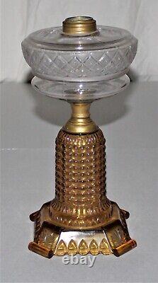 Antique Thousand Eye Oil Lamp WithCollar 12-3/8 Tall Clear/Amber Glass #TE3