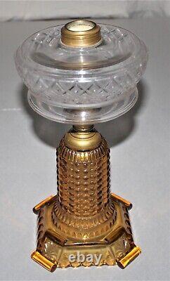 Antique Thousand Eye Oil Lamp WithCollar 12-3/8 Tall Clear/Amber Glass #TE3