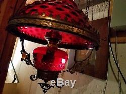 Antique Thumbprint Cranberry Shade Hanging Oil Lamp Brass Circa 1890's