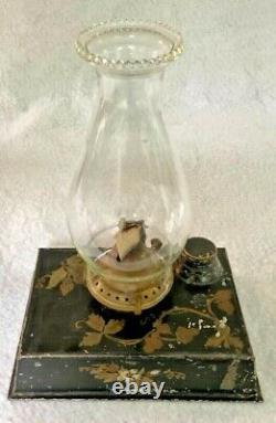 Antique Tole painted strawberry design Oil Lamp Victor E. Miller burner