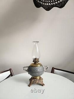 Antique Unique Hexagonal Pattern Oil Lamp With Handles And Cast Foot