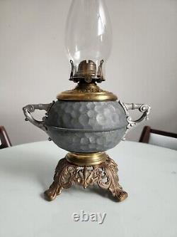 Antique Unique Hexagonal Pattern Oil Lamp With Handles And Cast Foot