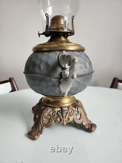 Antique Unique Hexagonal Pattern Oil Lamp With Handles And Cast Foot