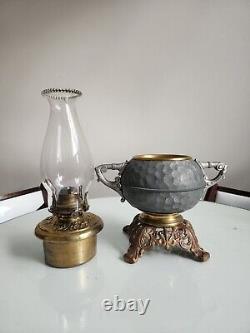 Antique Unique Hexagonal Pattern Oil Lamp With Handles And Cast Foot