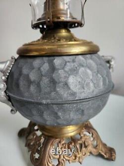 Antique Unique Hexagonal Pattern Oil Lamp With Handles And Cast Foot