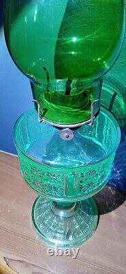 Antique Uranium Glass Oil Lamp Pale Blue Green Daisy In A Square Cerra 1900
