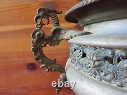 Antique Urn Pedestal Oil Lamp Brass & Metal Gargoyle faces Eagle handles Vintage