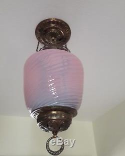 Antique VICTORIAN HANGING OIL LAMP ADJUSTABLE Pink Swirl ELECTRIFIED pull down
