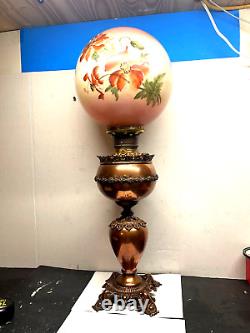 Antique VICTORIAN Hurricane PARLOR OIL Lamp 28TALL FLORAL GLOBE