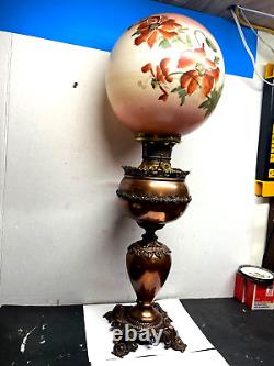 Antique VICTORIAN Hurricane PARLOR OIL Lamp 28TALL FLORAL GLOBE