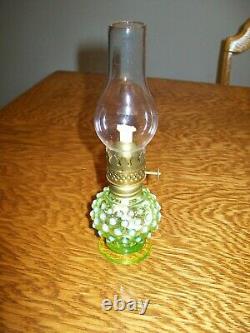 Antique Vaseline Opalescent Uranium Glass Hobnail Oil Lamp. (GREAT CONDITION!)