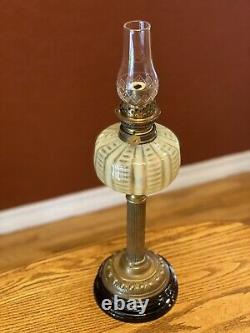 Antique Vaseline Uranium Green Opalescent Glass & Brass Oil Lamp