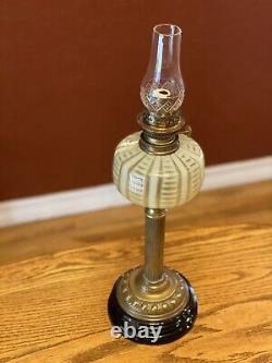 Antique Vaseline Uranium Green Opalescent Glass & Brass Oil Lamp