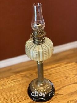 Antique Vaseline Uranium Green Opalescent Glass & Brass Oil Lamp