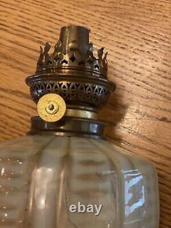 Antique Vaseline Uranium Green Opalescent Glass & Brass Oil Lamp