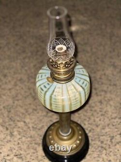 Antique Vaseline Uranium Green Opalescent Glass & Brass Oil Lamp