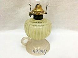 Antique Vaseline Vertical Striped Frosted Base Footed Finger Oil Lamp L. 1800's