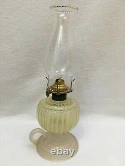 Antique Vaseline Vertical Striped Frosted Base Footed Finger Oil Lamp L. 1800's