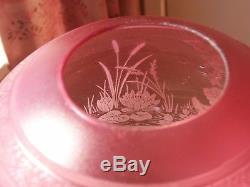 Antique Victorian Acid Etched Cranberry Glass Oil Lamp Shade Swans Bullrushes