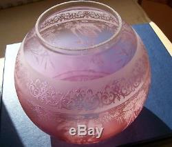 Antique Victorian Acid Etched Cranberry Glass Oil Lamp Shade Swans Bullrushes