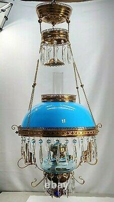 Antique Victorian Ansonia Hanging Oil Parlor Library Lamp Blue Shade And Font