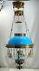 Antique Victorian Ansonia Hanging Oil Parlor Library Lamp Blue Shade And Font