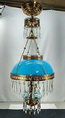 Antique Victorian Ansonia Hanging Oil Parlor Library Lamp Blue Shade And Font