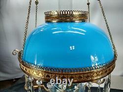 Antique Victorian Ansonia Hanging Oil Parlor Library Lamp Blue Shade And Font