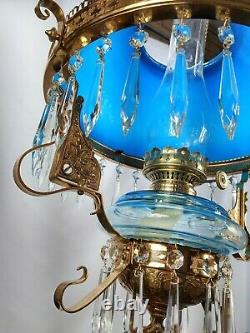 Antique Victorian Ansonia Hanging Oil Parlor Library Lamp Blue Shade And Font