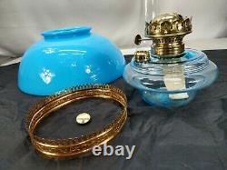 Antique Victorian Ansonia Hanging Oil Parlor Library Lamp Blue Shade And Font