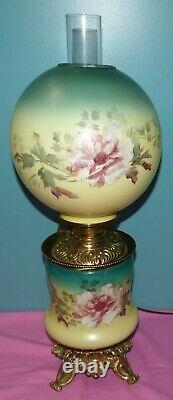 Antique Victorian Antique GWTW Table Parlor Oil Lamp Electrified, Painted Floral