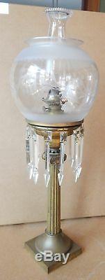 Antique Victorian Banquet Oil Lamp Astral Etched Floral Shade 12 Crystal Prisms