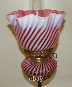 Antique Victorian Banquet Oil Lamp Cranberry Opalescent Swirl Font Ruffled Shade