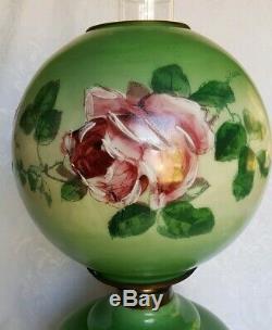 Antique Victorian Banquet Oil Lamp Hand Painted Roses GWTW PITTSBURGH P&A 246 PG