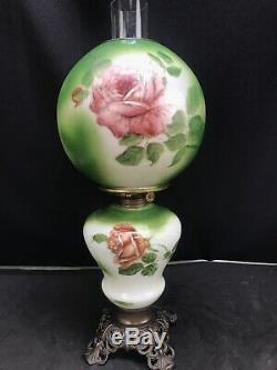 Antique Victorian Banquet Oil Lamp Hand Painted Roses GWTW Parlor