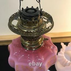 Antique Victorian Banquet Parlor Pink Glass Banquet Oil Lamp Candesco Burner