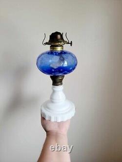 Antique Victorian Blue Opalescent Daisy & Diamond / Quilt Pattern Oil Lamp