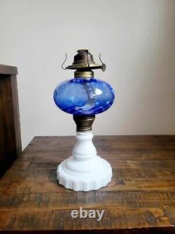 Antique Victorian Blue Opalescent Daisy & Diamond / Quilt Pattern Oil Lamp