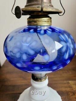 Antique Victorian Blue Opalescent Daisy & Diamond / Quilt Pattern Oil Lamp