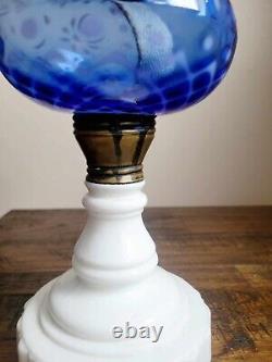 Antique Victorian Blue Opalescent Daisy & Diamond / Quilt Pattern Oil Lamp