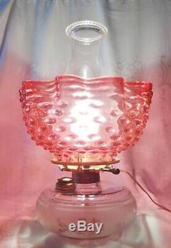 Antique Victorian Bracket Lamp withCenter Post Font & Cranberry Hobnail Shade