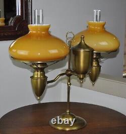 Antique Victorian Bradley & Hubbard Brass Double Student Lamp Complete in Oil