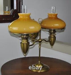 Antique Victorian Bradley & Hubbard Brass Double Student Lamp Complete in Oil