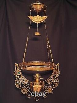 Antique Victorian Bradley & Hubbard Jeweled Figural Hanging Oil Kerosene Lamp