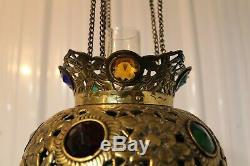 Antique Victorian Brass & Cut Glass MulticoloredJeweled Hanging Oil / Fairy Lamp