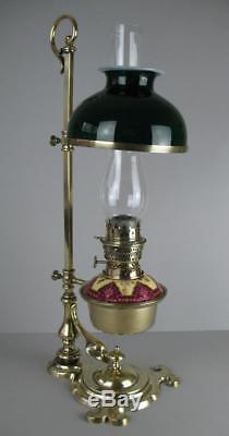 Antique Victorian Brass & Enamel Hinks Font Adjustable Student Style Oil Lamp