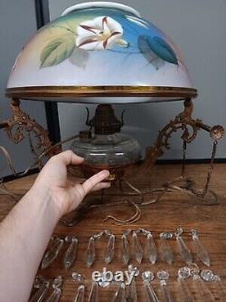 Antique Victorian Brass Hanging Oil Lamp Blue Floral Decoration