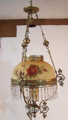 Antique Victorian Brass Hanging Oil Lamp Light w Prisms &Satin Glass Shade elect